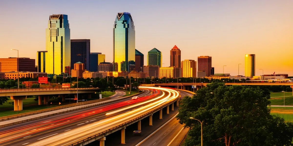 Dallas downtown skyline viewed from logistics corridor with highway infrastructure in foreground
