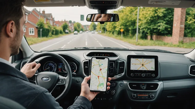 Delivery driver hands on steering wheel with phone mount showing route app on dashboard