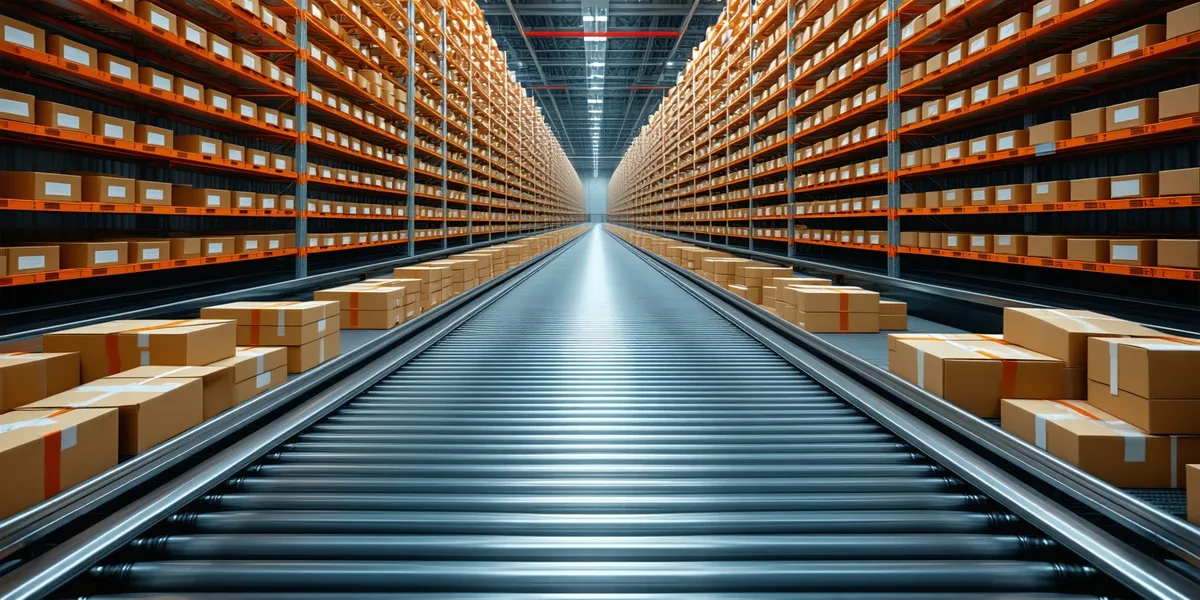 Regional parcel depot sorting floor with conveyor belts and sorted parcels ready for route assignment