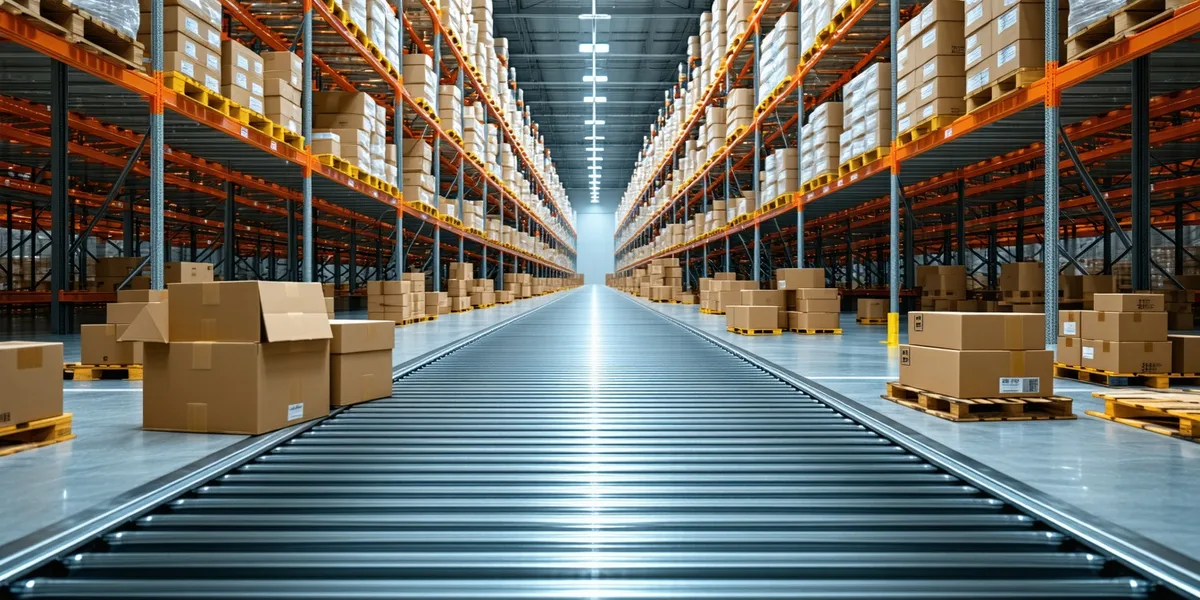 E-commerce fulfillment warehouse with packed orders on conveyor belt ready for last-mile dispatch
