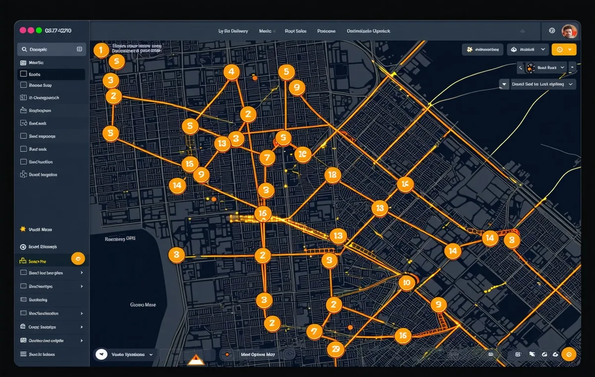 Parcelarc dispatch console showing route map with amber route arcs being dynamically re-sequenced after depot cutoff